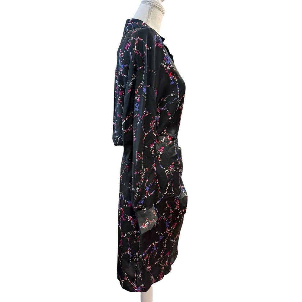 Elan Black Abstract Print Satin Wrap Shirt Dress Medium Y2K Cocktail Party - Picture 5 of 8